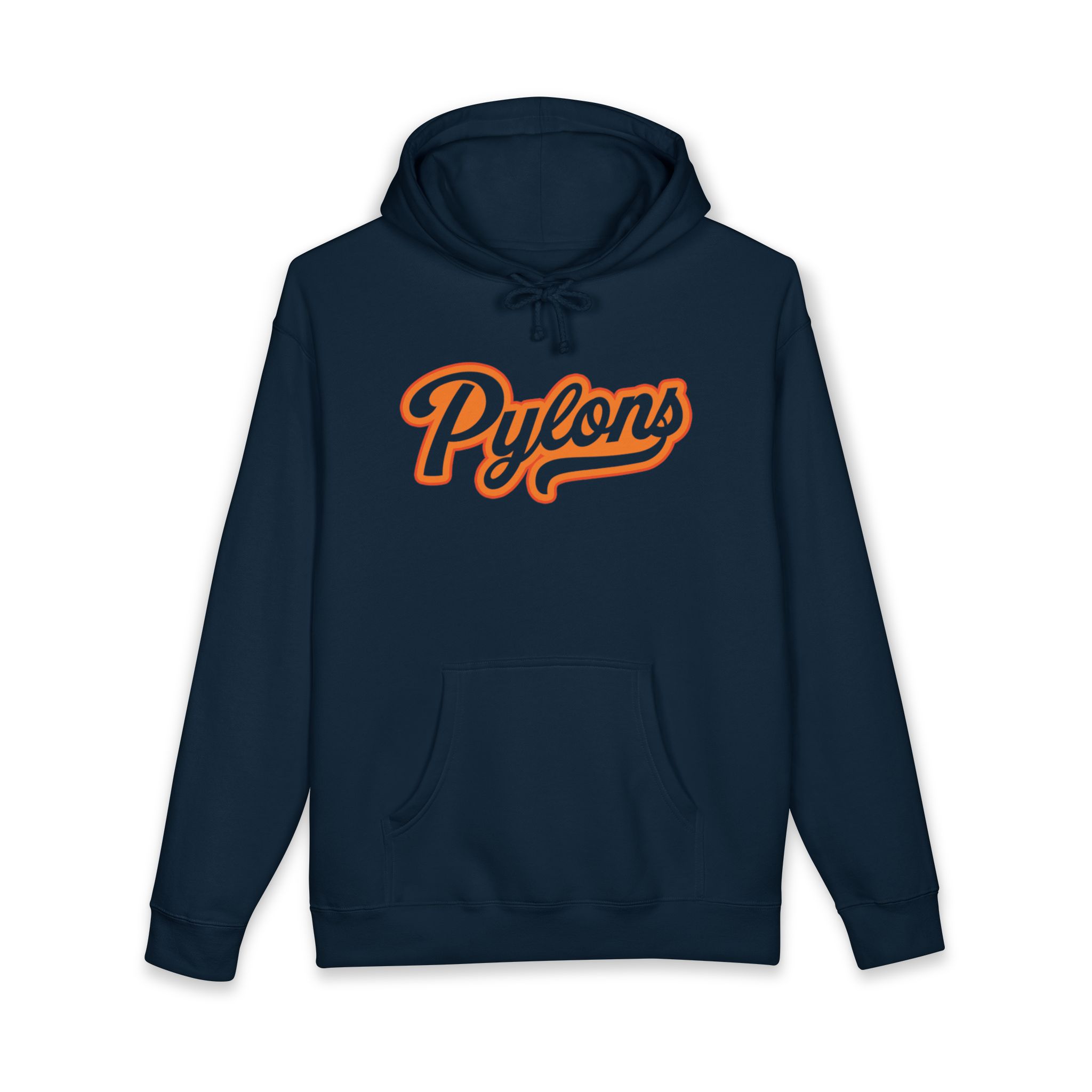 Late Shift Hoodie in navy with the Pylons script logo